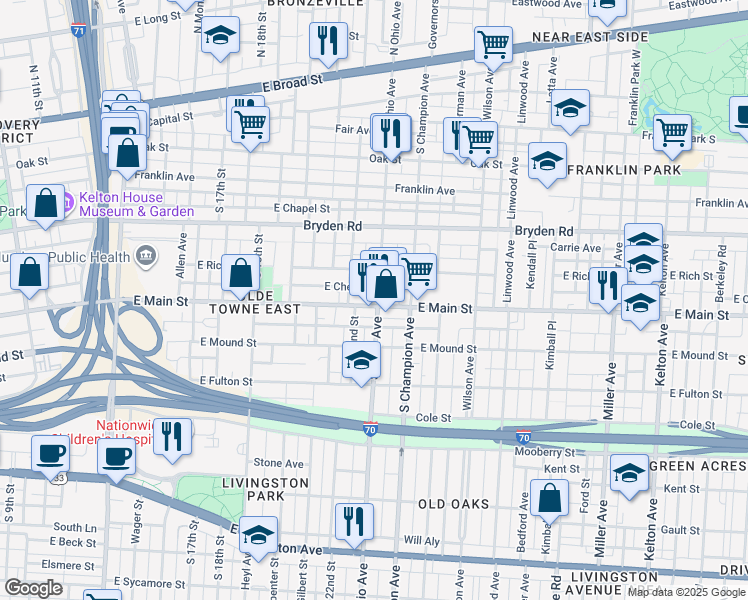 map of restaurants, bars, coffee shops, grocery stores, and more near 1060 East Main Street in Columbus