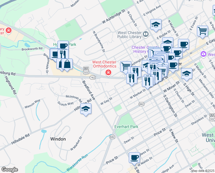 map of restaurants, bars, coffee shops, grocery stores, and more near 205 North Everhart Avenue in West Chester