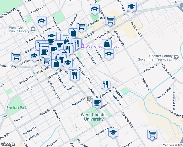 map of restaurants, bars, coffee shops, grocery stores, and more near 313 South Matlack Street in West Chester
