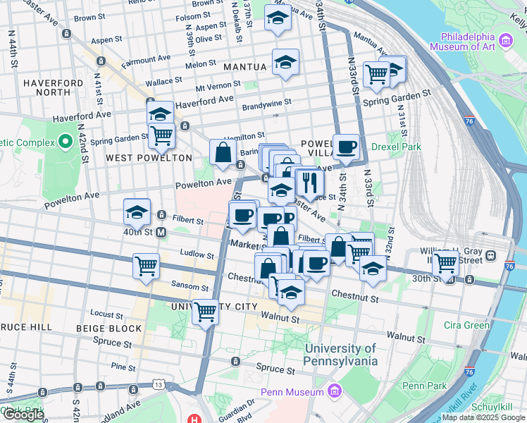 map of restaurants, bars, coffee shops, grocery stores, and more near 3514 Lancaster Avenue in Philadelphia