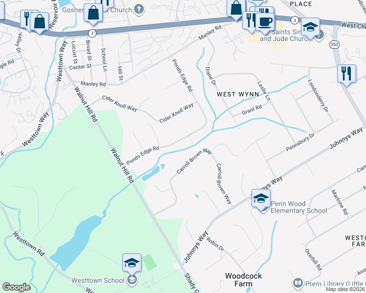 map of restaurants, bars, coffee shops, grocery stores, and more near 1418 Ponds Edge Rd in West Chester
