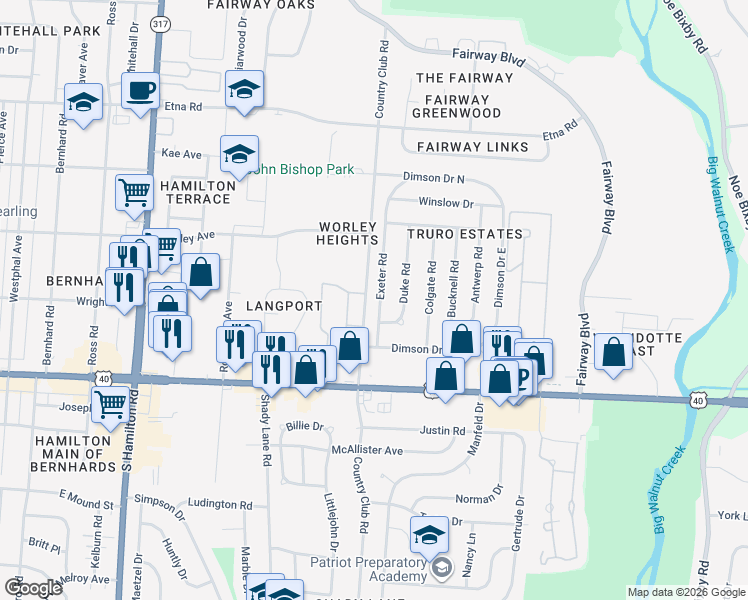 map of restaurants, bars, coffee shops, grocery stores, and more near 942 Exeter Road in Columbus