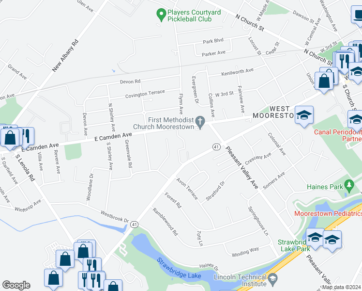 map of restaurants, bars, coffee shops, grocery stores, and more near 500 East Camden Avenue in Moorestown