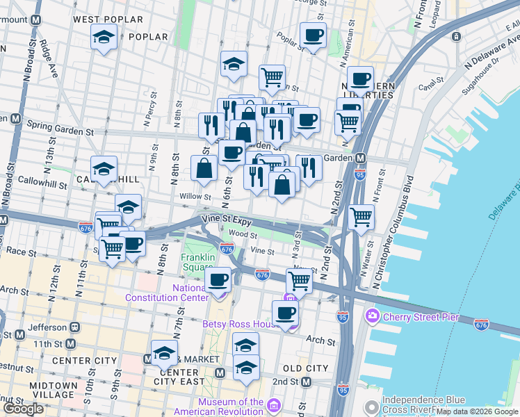 map of restaurants, bars, coffee shops, grocery stores, and more near in Philadelphia