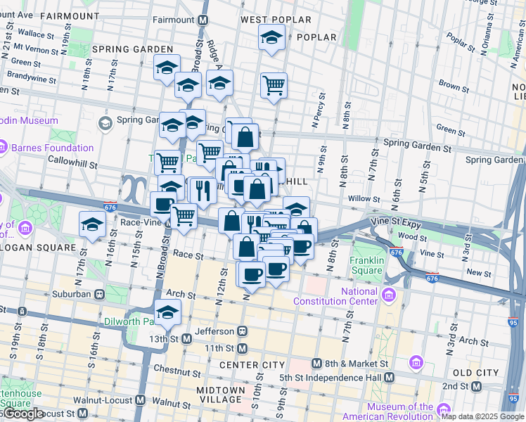map of restaurants, bars, coffee shops, grocery stores, and more near 1126 Callowhill Street in Philadelphia