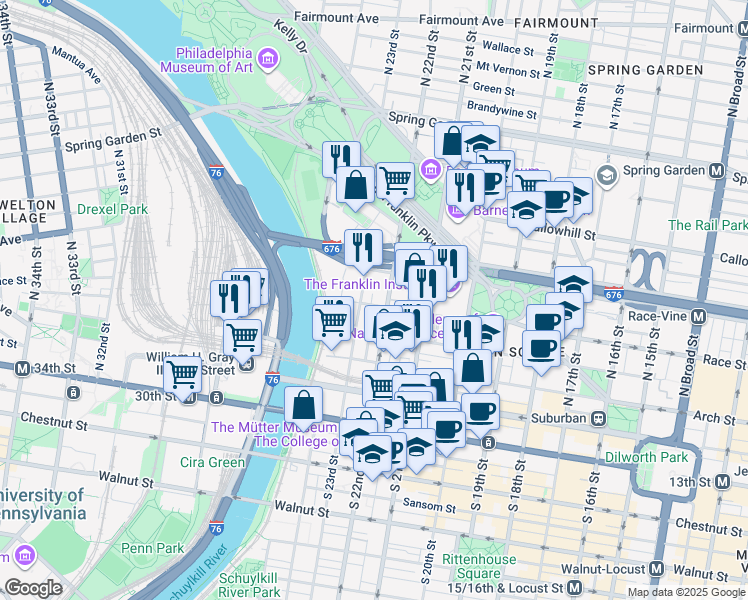 map of restaurants, bars, coffee shops, grocery stores, and more near 224 North 23rd Street in Philadelphia