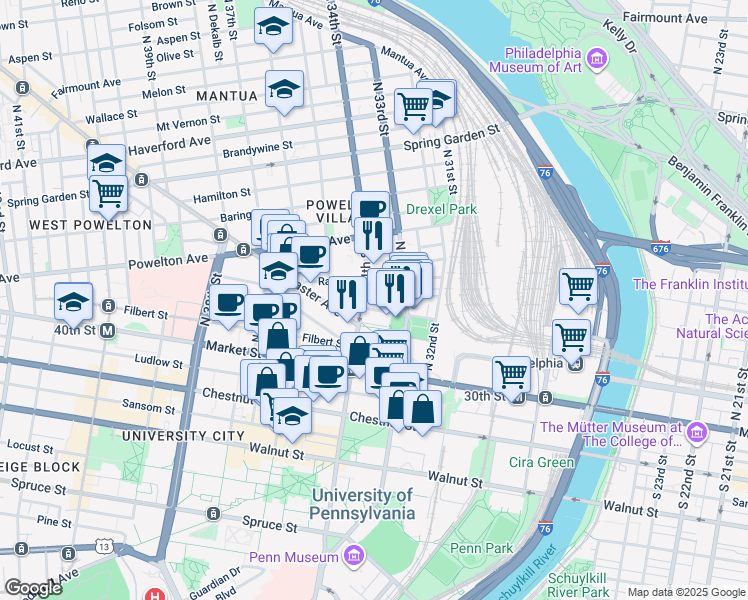 map of restaurants, bars, coffee shops, grocery stores, and more near 3314 Race Street in Philadelphia