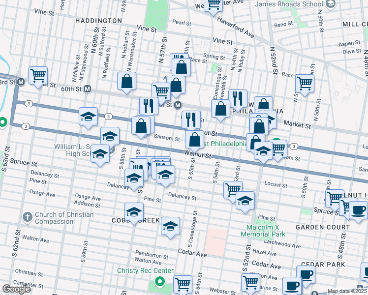 map of restaurants, bars, coffee shops, grocery stores, and more near 5532 Sansom Street in Philadelphia