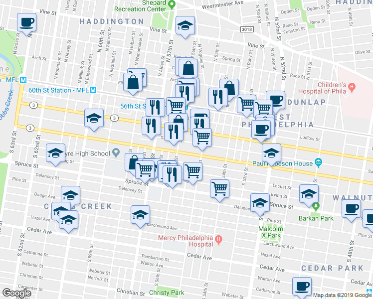 map of restaurants, bars, coffee shops, grocery stores, and more near 5532 Sansom Street in Philadelphia