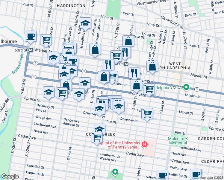 map of restaurants, bars, coffee shops, grocery stores, and more near 144-50 North 57th Street in Philadelphia