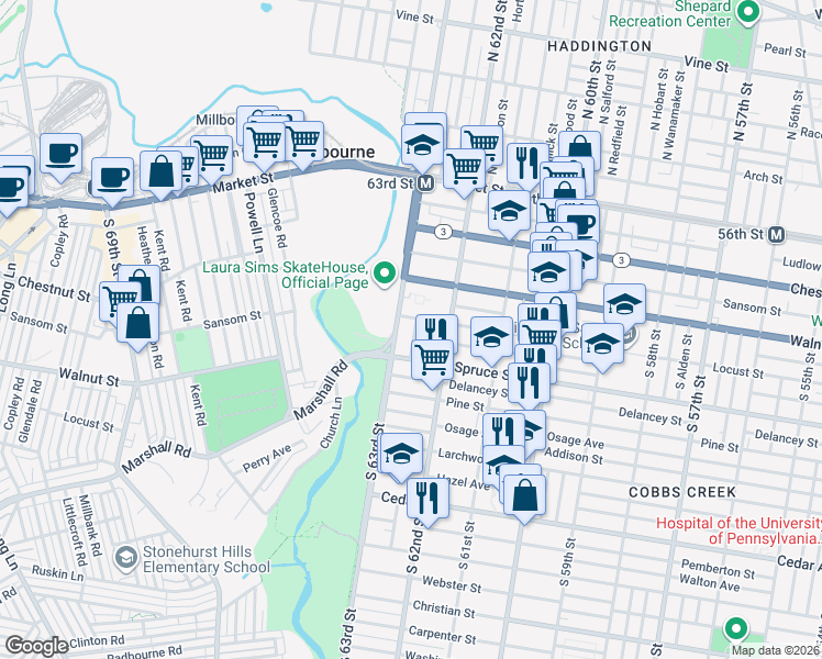 map of restaurants, bars, coffee shops, grocery stores, and more near 245 Cobbs Creek Parkway in Philadelphia