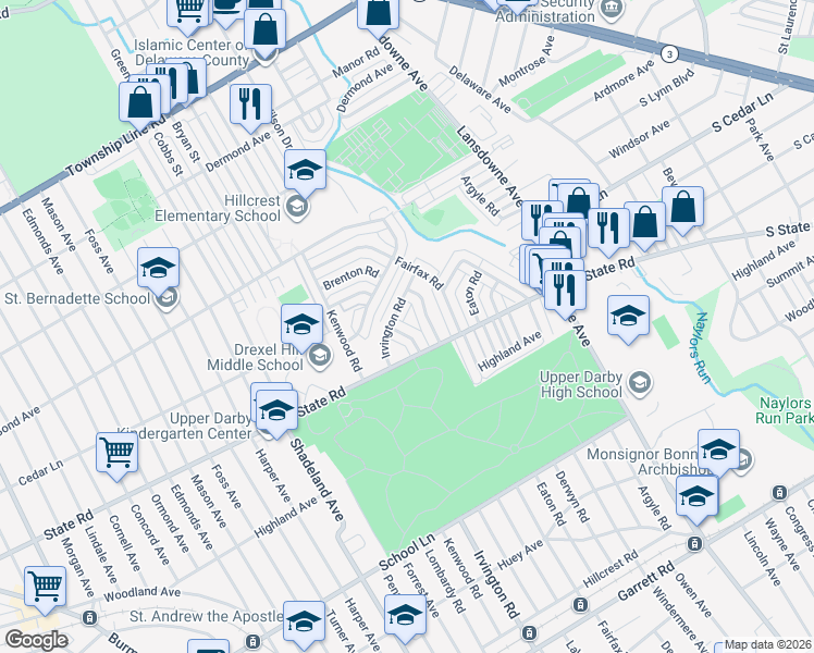 map of restaurants, bars, coffee shops, grocery stores, and more near 2554 Irvington Road in Drexel Hill