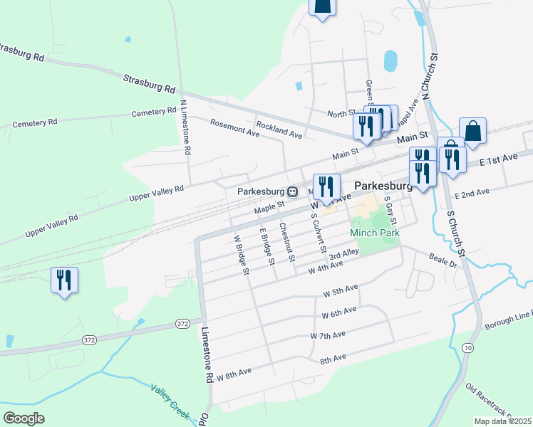 map of restaurants, bars, coffee shops, grocery stores, and more near 651 Maple Street in Parkesburg