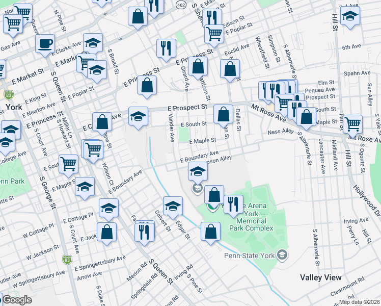 map of restaurants, bars, coffee shops, grocery stores, and more near 710 East Maple Street in York