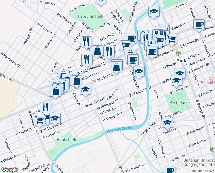 map of restaurants, bars, coffee shops, grocery stores, and more near 446 West Mason Avenue in York