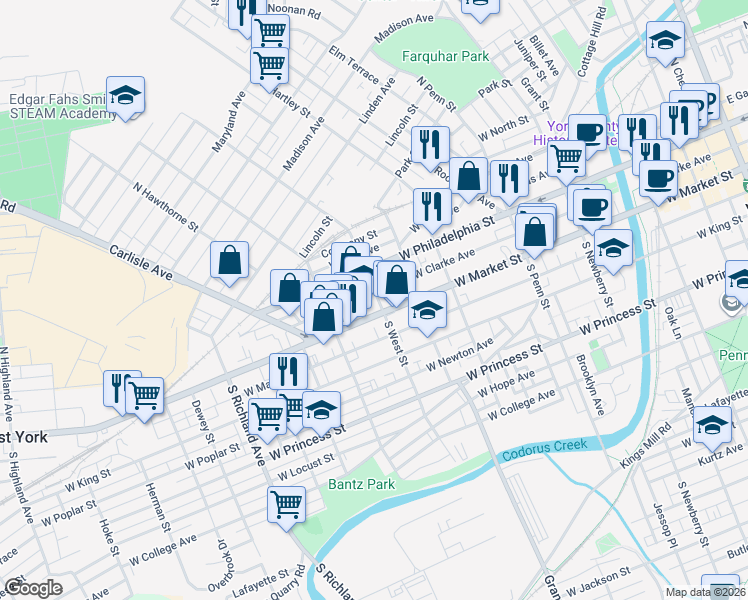 map of restaurants, bars, coffee shops, grocery stores, and more near 581 West Clarke Avenue in York
