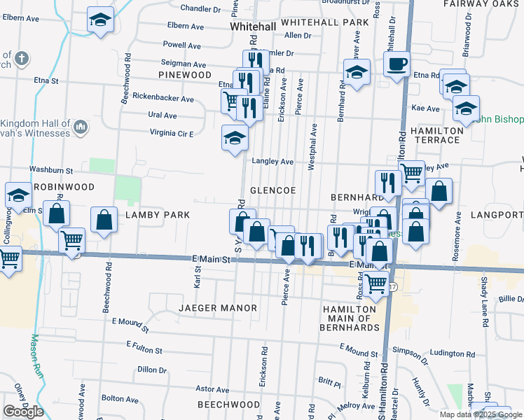 map of restaurants, bars, coffee shops, grocery stores, and more near 769 Elaine Road in Columbus