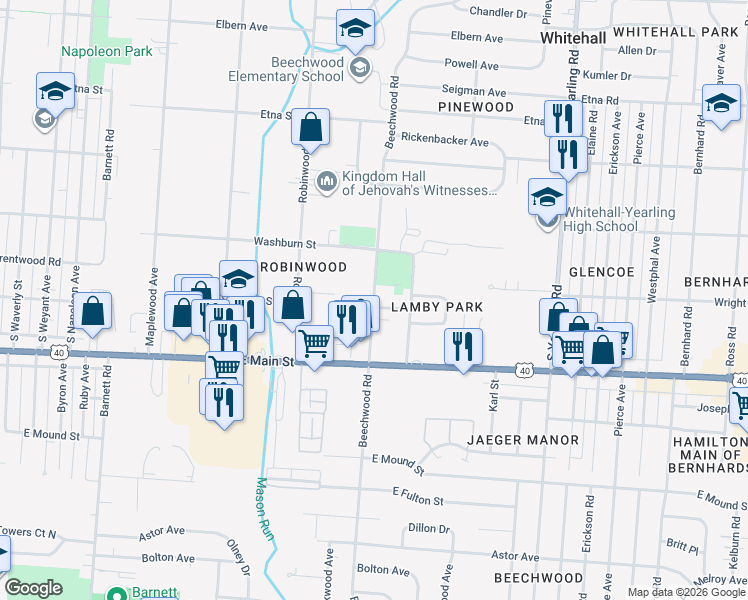 map of restaurants, bars, coffee shops, grocery stores, and more near 733 Beechwood Road in Columbus