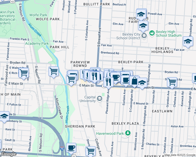 map of restaurants, bars, coffee shops, grocery stores, and more near 515 South Drexel Avenue in Bexley