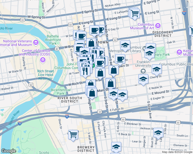 map of restaurants, bars, coffee shops, grocery stores, and more near 191 South 3rd Street in Columbus