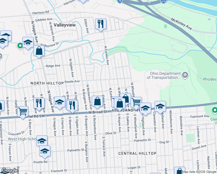 map of restaurants, bars, coffee shops, grocery stores, and more near 148 North Eureka Avenue in Columbus