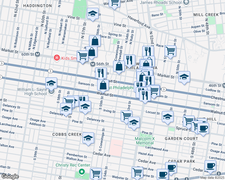 map of restaurants, bars, coffee shops, grocery stores, and more near 5418 Sansom Street in Philadelphia
