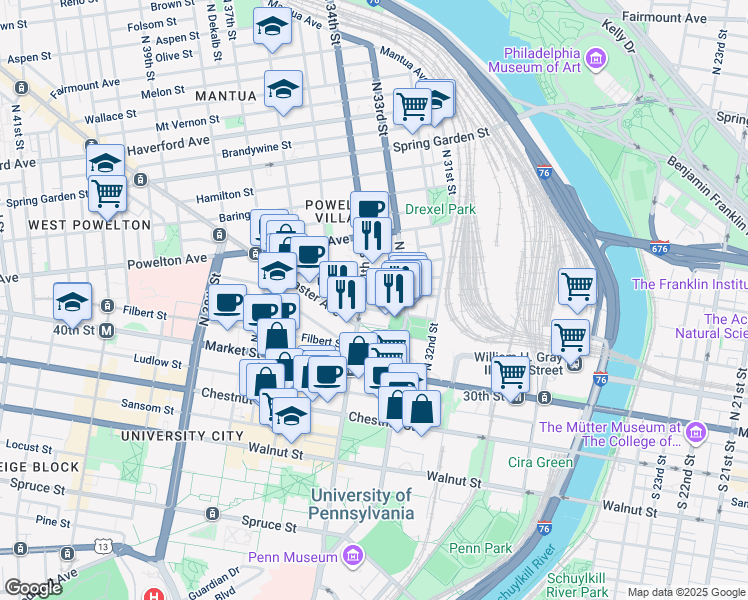 map of restaurants, bars, coffee shops, grocery stores, and more near 101 North 34th Street in Philadelphia