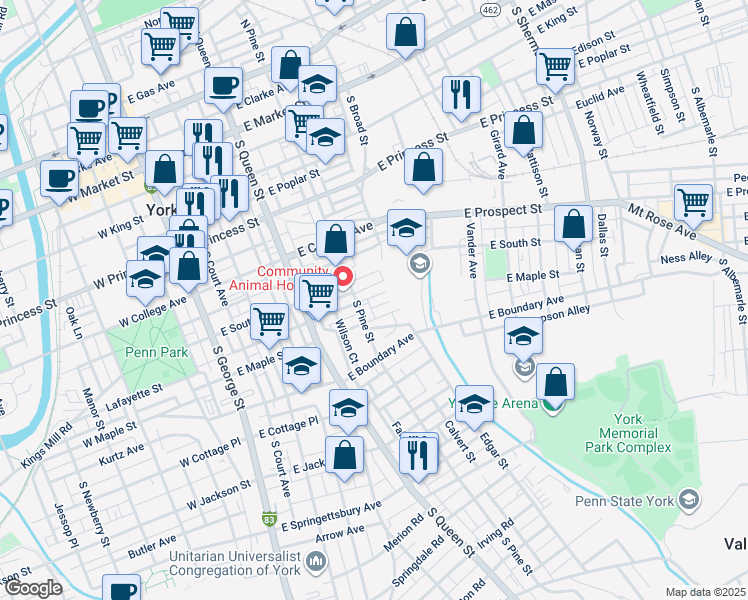 map of restaurants, bars, coffee shops, grocery stores, and more near 324 Harding Court in York