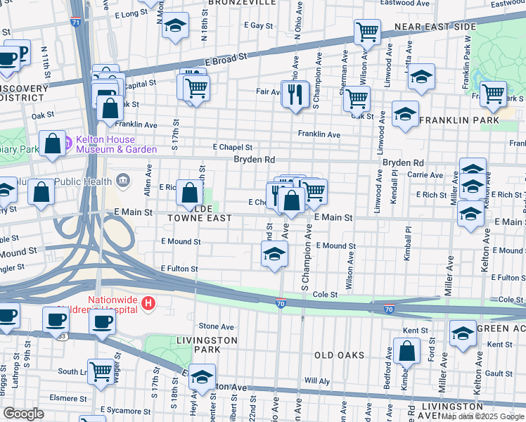 map of restaurants, bars, coffee shops, grocery stores, and more near 323 South 22nd Street in Columbus