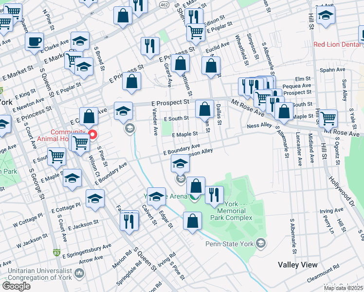 map of restaurants, bars, coffee shops, grocery stores, and more near 715 East Boundary Avenue in York