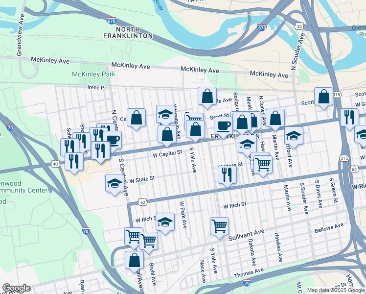 map of restaurants, bars, coffee shops, grocery stores, and more near 1196 U.S. 40 in Columbus