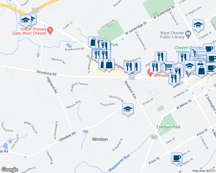 map of restaurants, bars, coffee shops, grocery stores, and more near 271 McIntosh Road in West Chester