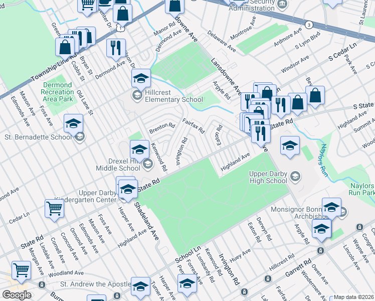 map of restaurants, bars, coffee shops, grocery stores, and more near 2554 Irvington Road in Drexel Hill