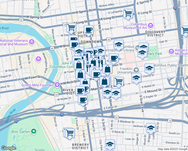 map of restaurants, bars, coffee shops, grocery stores, and more near 80 East Rich Street in Columbus