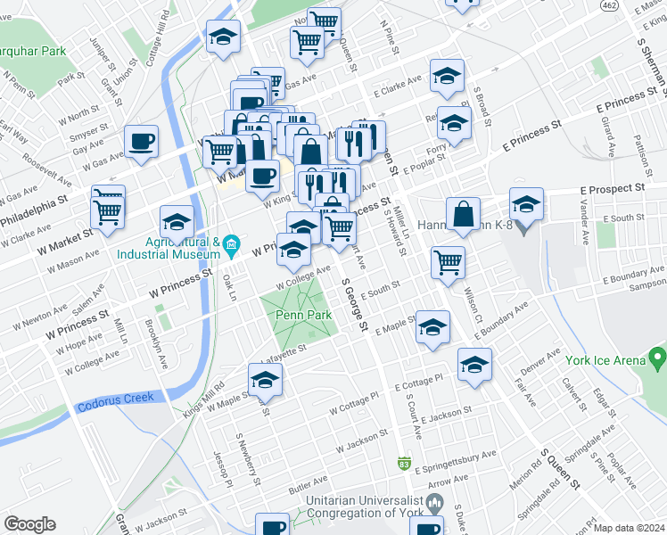 map of restaurants, bars, coffee shops, grocery stores, and more near 300 South George Street in York