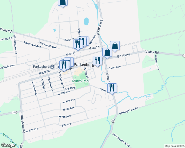 map of restaurants, bars, coffee shops, grocery stores, and more near 158 Brandt Street in Parkesburg