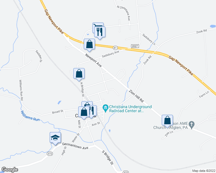 map of restaurants, bars, coffee shops, grocery stores, and more near 9 Pine Street in Christiana