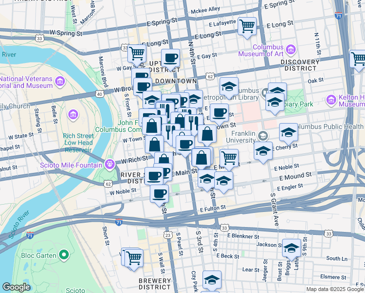 map of restaurants, bars, coffee shops, grocery stores, and more near 191 South 3rd Street in Columbus