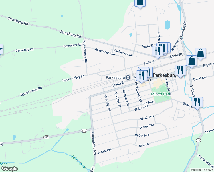 map of restaurants, bars, coffee shops, grocery stores, and more near 727 Maple Street in Parkesburg