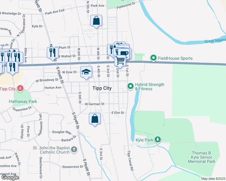 map of restaurants, bars, coffee shops, grocery stores, and more near 224 South 3rd Street in Tipp City