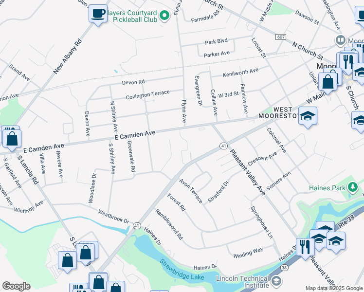 map of restaurants, bars, coffee shops, grocery stores, and more near 500 East Camden Avenue in Moorestown
