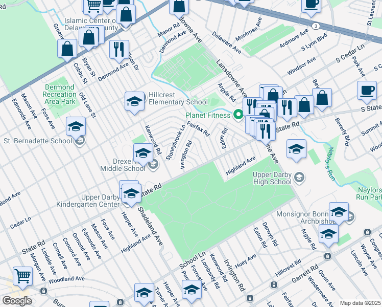 map of restaurants, bars, coffee shops, grocery stores, and more near 831 Hampshire Rd in Drexel Hill