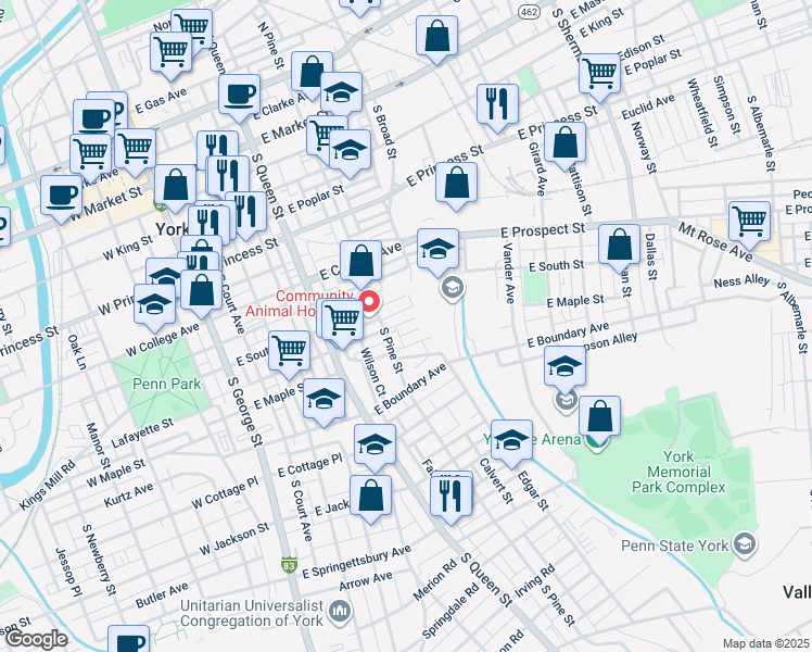 map of restaurants, bars, coffee shops, grocery stores, and more near 328 Harding Court in York