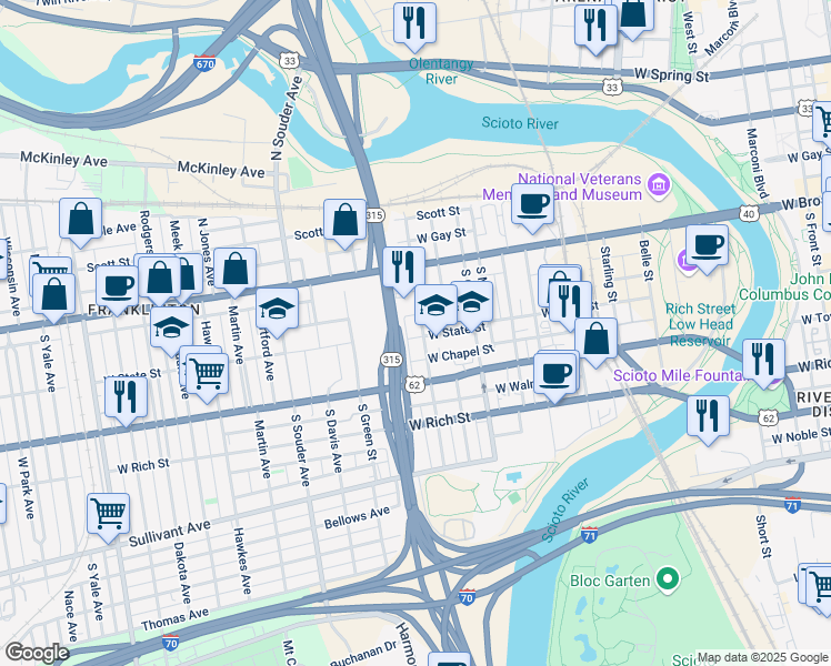 map of restaurants, bars, coffee shops, grocery stores, and more near 75 South Grubb Street in Columbus