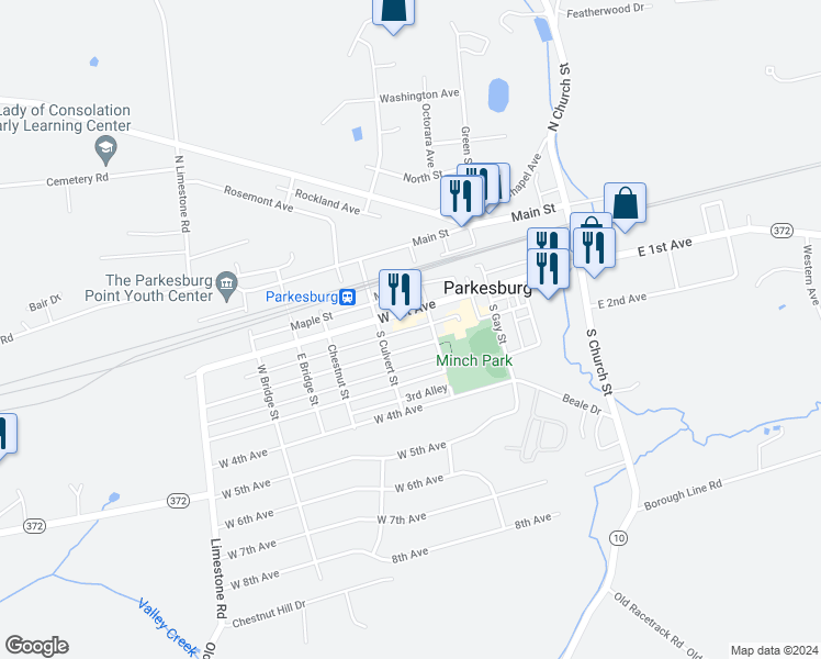 map of restaurants, bars, coffee shops, grocery stores, and more near 415 Walnut Street in Parkesburg