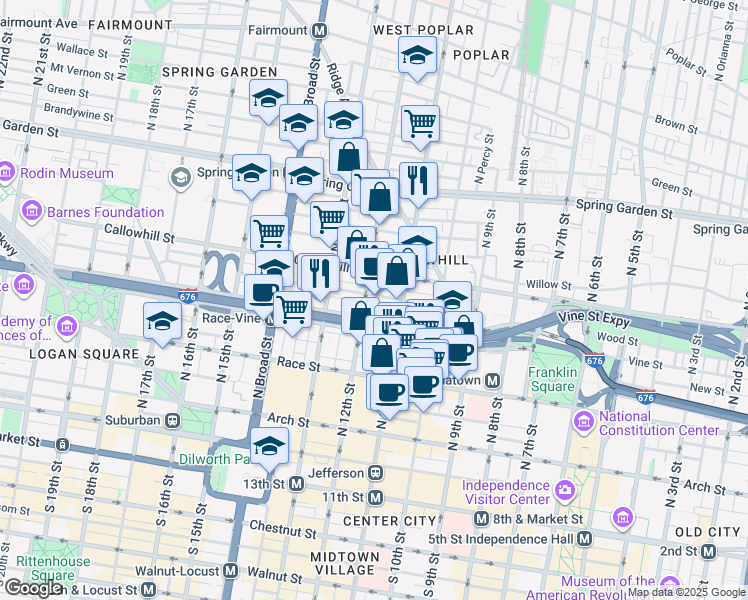 map of restaurants, bars, coffee shops, grocery stores, and more near 1126 Callowhill Street in Philadelphia