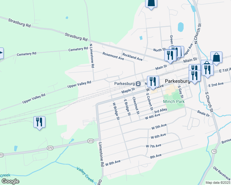 map of restaurants, bars, coffee shops, grocery stores, and more near 727 Maple Street in Parkesburg