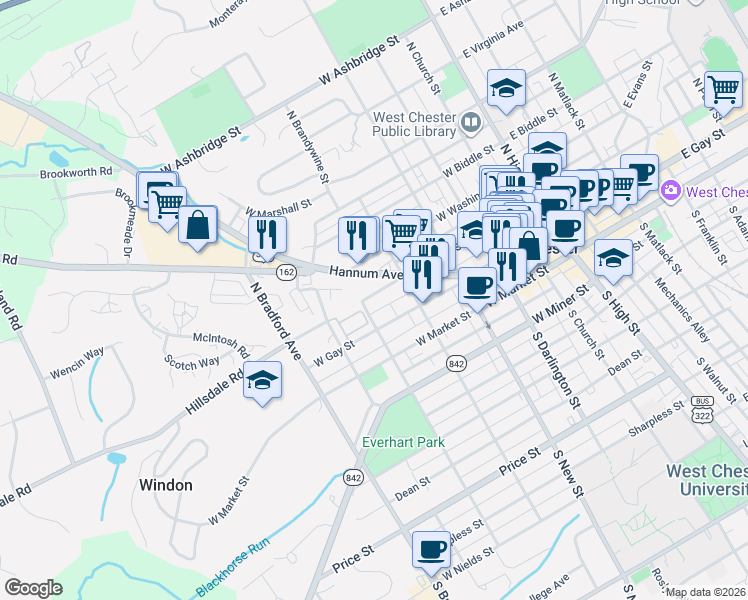 map of restaurants, bars, coffee shops, grocery stores, and more near 445 Hannum Avenue in West Chester