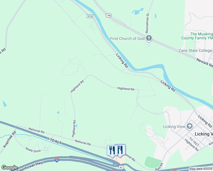 map of restaurants, bars, coffee shops, grocery stores, and more near 2499 Highland Road in Zanesville