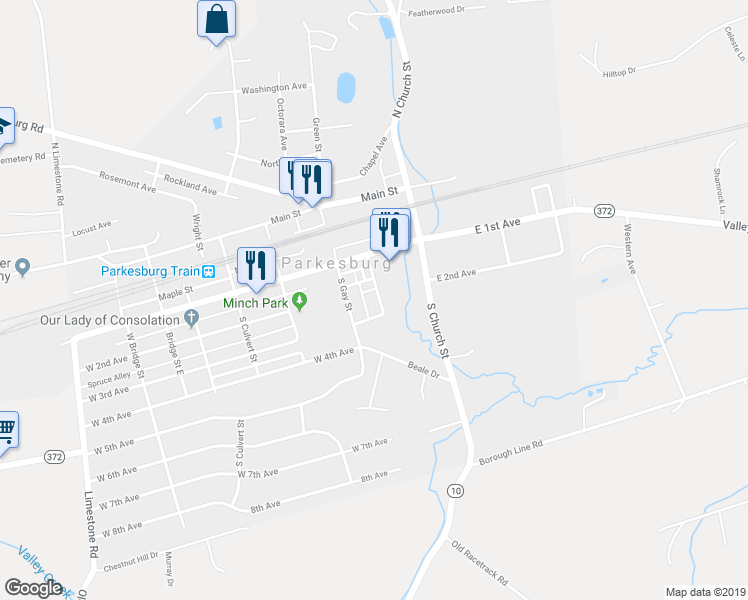 map of restaurants, bars, coffee shops, grocery stores, and more near 158 Brandt Street in Parkesburg